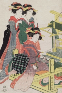 Two women observe a third weaving silk.  Ukiyo-e woodblock print, about 1840’s, Japan, by artist Kikugawa Eizan.