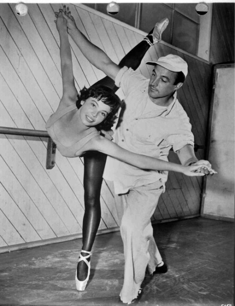 Leslie Caron and Gene Kelly behind the scenes of "An American in Paris...