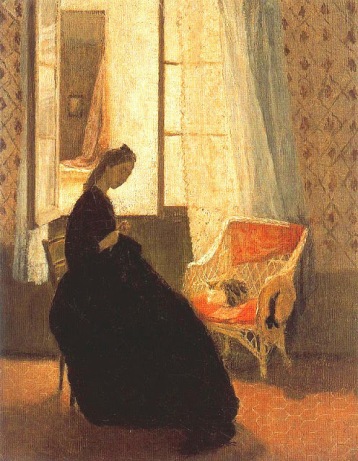 Gwen John (British painter, 1876-1939) Interior with Woman Sewing at Window and Cat