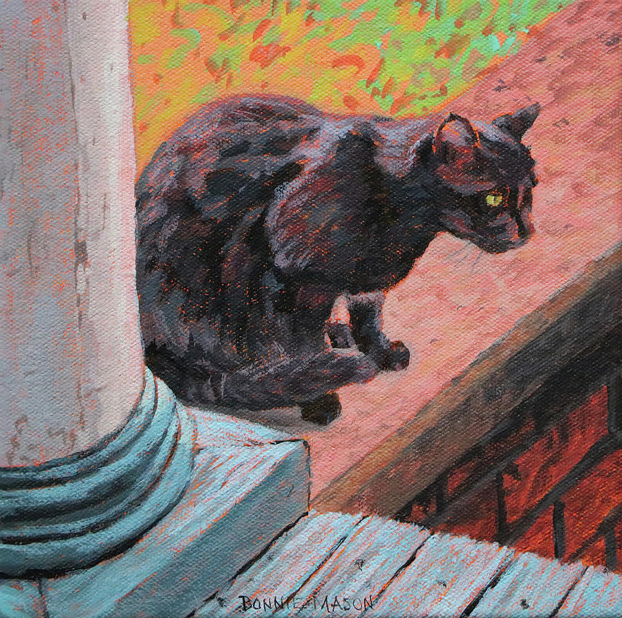 Black cat on the front porch, by Bonnie Mason