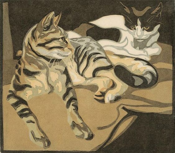 Norbertine Bressslern-Rother, Two Cats, linocut print, 1920s