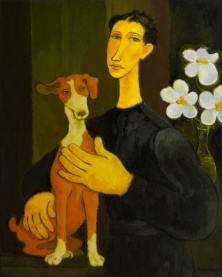 Woman with dog and flowers by Quincy Verdun