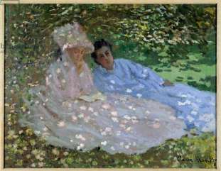 Mrs. Monet and a friend in the garden. Two women sitting in the shade of a tree. Painting by Claude Monet (1840-1926), 1872. Oil on canvas. Dim: 51,5 x 66 cm. Private collection.